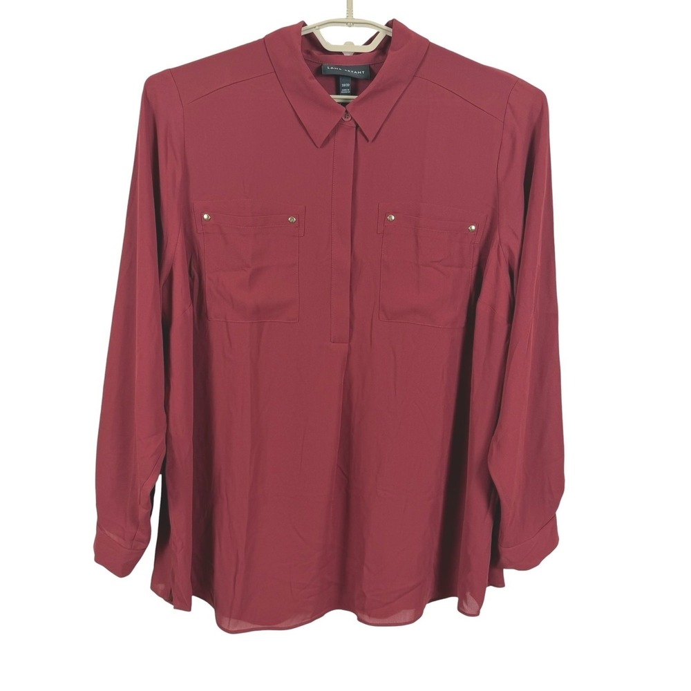 Lane Bryant Women Shirt Top Size 18/20 Sheer Cranberry Red Office Work Preppy